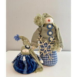 Vintage Blue, White & Green Fabric Snowmen Set With Glitter Snowflake